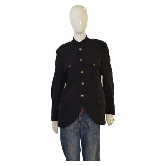 Yves Saint Laurent YSL Black army style collarless Lana wool button jacket 48
